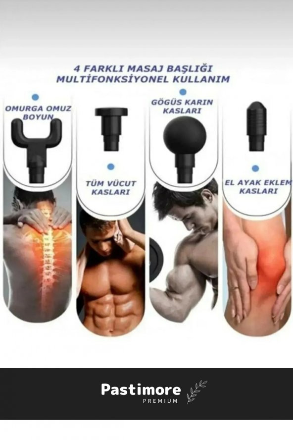 Premium 4 Başlıklı Şarjlı Darbeli Titreşimli Sporcu Kas Rahatlatıcı Egzersiz Masaj Tabancası Aleti - 3