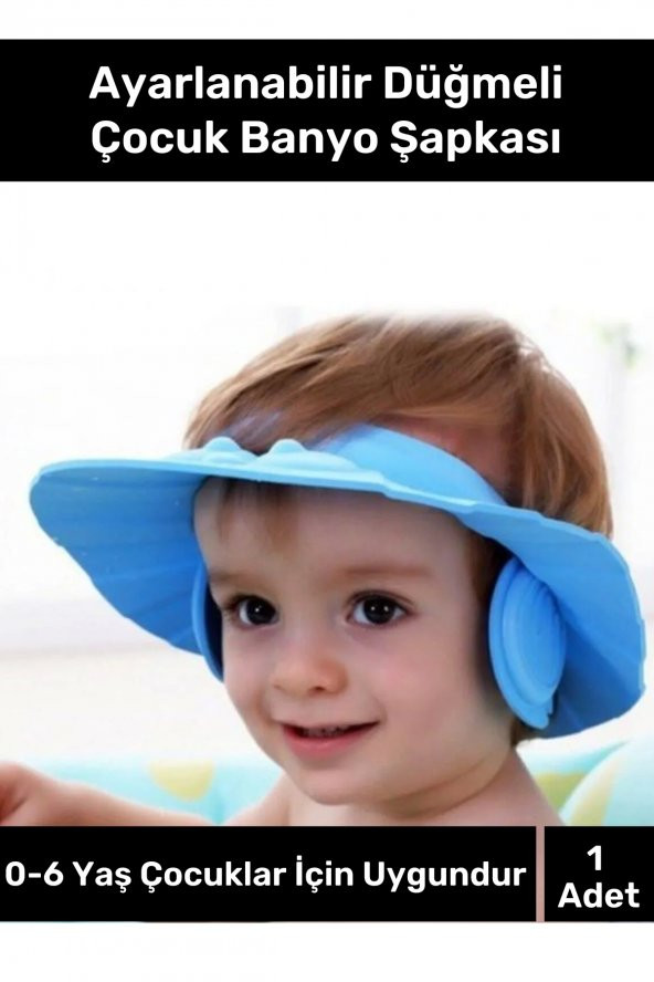 Bebek Banyo Şapkası Duş Başlığı Ayarlanabilir Düğmeli Çocuk Küvet Göze Su Kaçırmayan Mavi Şapka