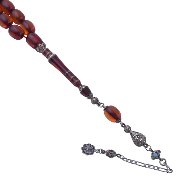 Kapsül Kesim Gümüş İşlemeli Osmanlı Model Sıkma Kehribar Tesbih - Resim 2