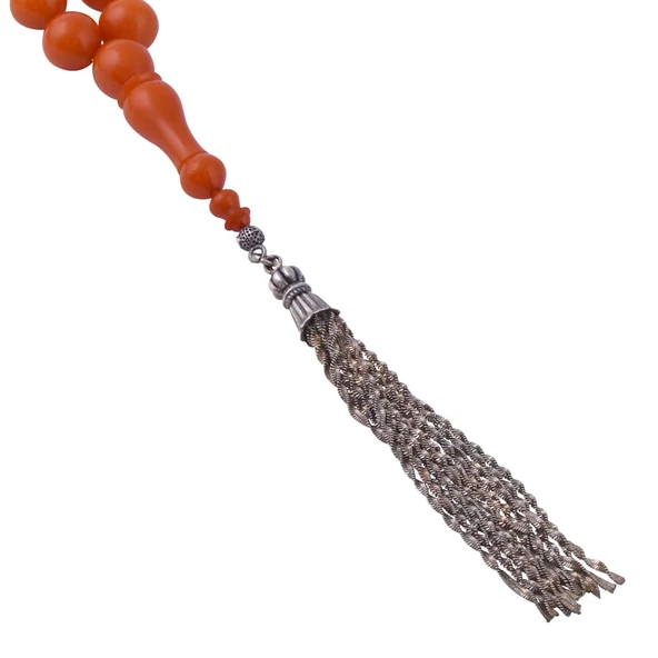 İstanbul Kesim Turuncu Sıkma Kehribar 925 Ayar Gümüş Püsküllü Tesbih TB73 - Resim 2