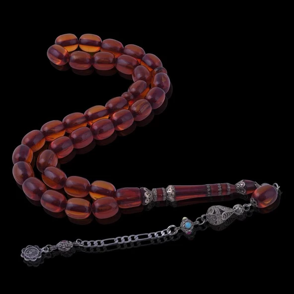 Kapsül Kesim Gümüş İşlemeli Osmanlı Model Sıkma Kehribar Tesbih - Resim 3