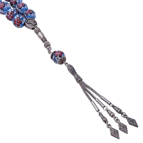 Bahar Motifli Beyaz-Mavi Çini Tesbih - Resim 2