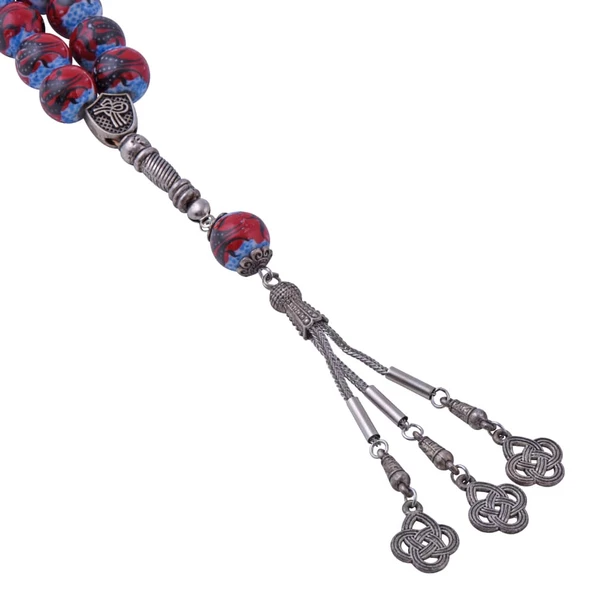 Lale Motifli Kırmızı-Mavi Çini Tesbih - Resim 2