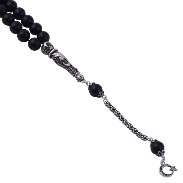 Küre Kesim Oniks Taşı Gümüş Püsküllü Tesbih T-1141 - 2