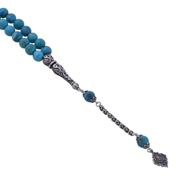 Küre Kesim Orijinal Firuze Taşı Gümüş Püsküllü Tesbih 31.83 gr D-2686 - Resim 2