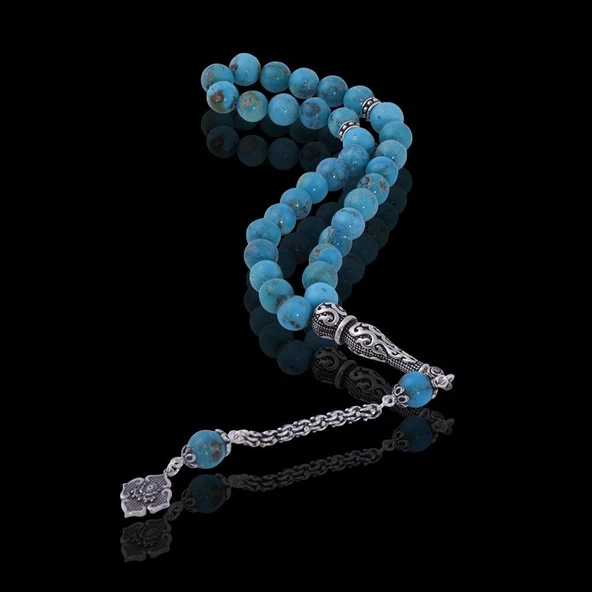 Küre Kesim Orijinal Firuze Taşı Gümüş Püsküllü Tesbih 31.83 gr D-2686 - Resim 3