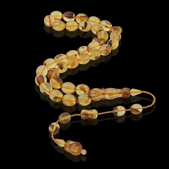 Damla Kehribar Küre Kesim 29.6 gr 12x10 mm Sistemli Fosil Tesbih - Resim 2