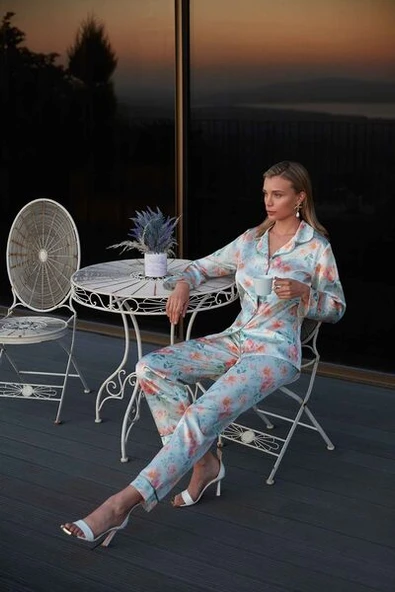 Nurteks Çiçek Desenli Düğmeli Pijama Takımı Mint ürün görseli 1
