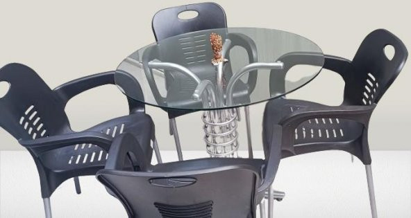 Masa 90279 Takım Temper Cam Gri Siyah Kolçak Sandalye Mutfk Balkon Bahçe El Yapım - 4