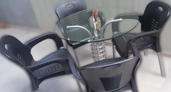 Masa 90279 Takım Temper Cam Gri Siyah Kolçak Sandalye Mutfk Balkon Bahçe El Yapım - 5