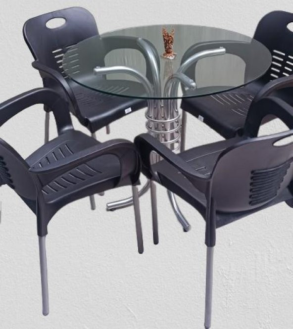 Masa 90279 Takım Temper Cam Gri Siyah Kolçak Sandalye Mutfk Balkon Bahçe El Yapım - 6