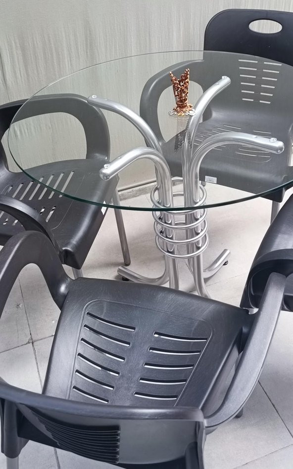 Masa 90279 Takım Temper Cam Gri Siyah Kolçak Sandalye Mutfk Balkon Bahçe El Yapım - 8