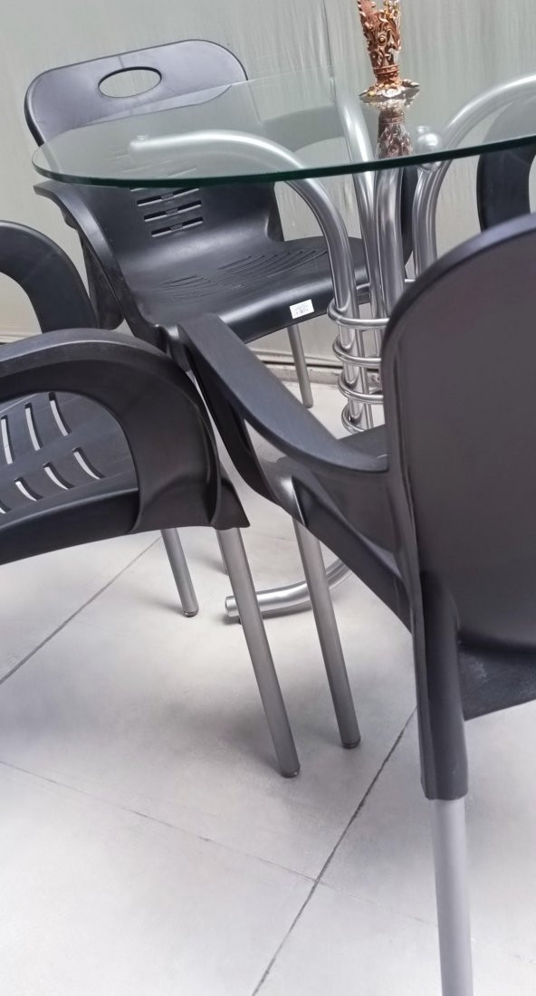 Masa 90279 Takım Temper Cam Gri Siyah Kolçak Sandalye Mutfk Balkon Bahçe El Yapım - 9