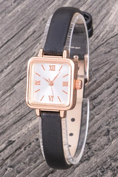 Rose Renk Minimal Kare Kasa Siyah Deri Kordonlu Vintage Retro Kol Saati ST-304359 ürün görseli 1