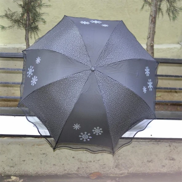 Marlux 1213 Tül Desenli Manuel Kadın Şemsiye Siyah - Resim 6