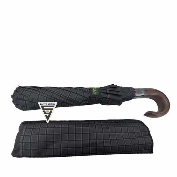 April A-228G Elite Deri Baston Sap Otomatik Şemsiye Kahve - Resim 3