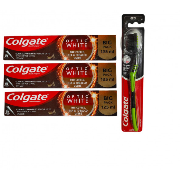 Optic White Kahve, Çay ve Tütün Kullanıcıları Için Süper Clean Black Orta Diş Fırçası + Macun 125 ml