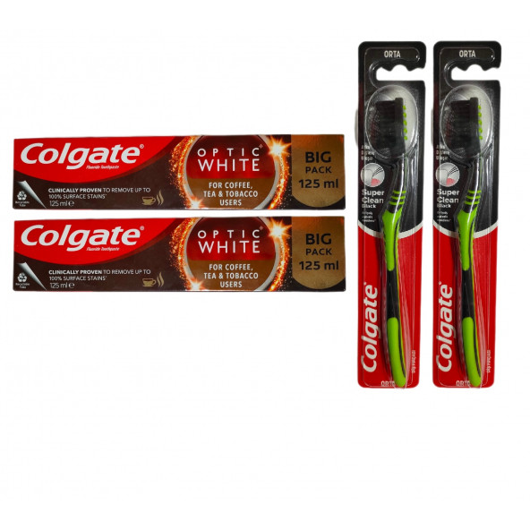 Optic White Kahve, Çay ve Tütün Kullanıcıları Için Süper Clean Black Orta Diş Fırçası + Macun 125 ml