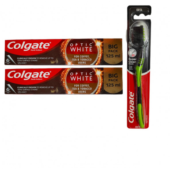 Optic White Kahve, Çay ve Tütün Kullanıcıları Için Süper Clean Black Orta Diş Fırçası + Macun 125 ml