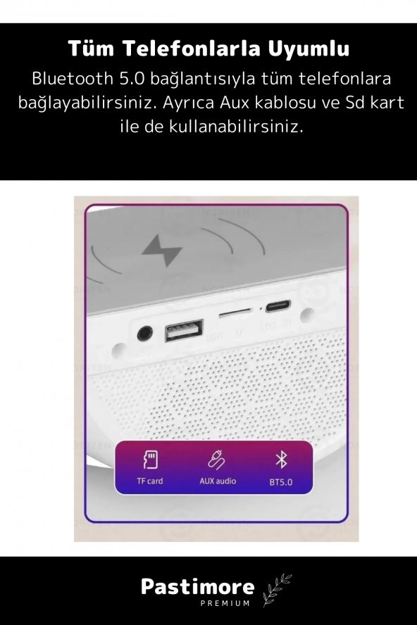 Kablosuz Şarj Led Işıklı Bluetooth Hoparlör Radyolu Müzik Çalar Saatli Telefon Standı 3in1 Speaker - 4