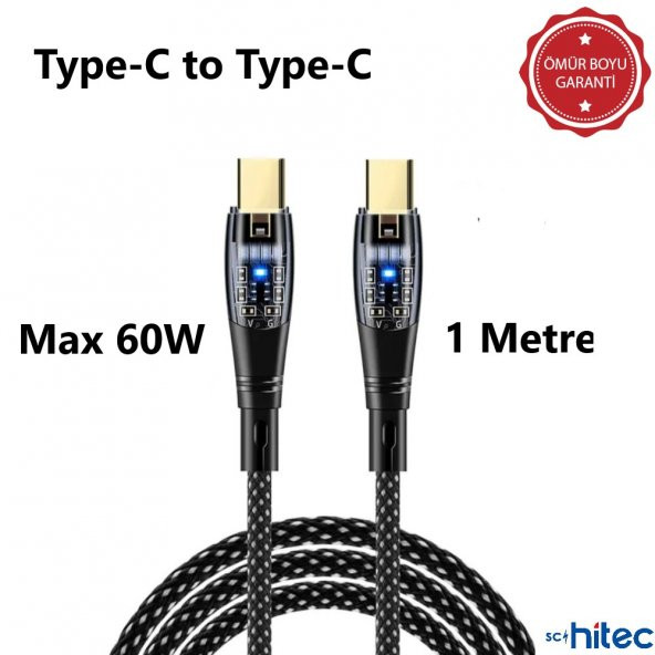 ScHitec 6A 60W Type-C to Type-C 1Metre Hızlı Data ve Şarj Kablosu Siyah YK250S - Resim 2