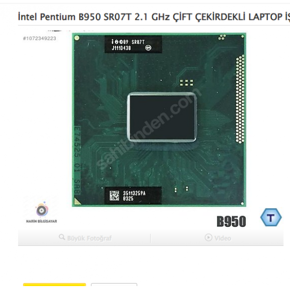 İntel Pentium B950 SR07T 2.1 GHz ÇİFT ÇEKİRDEKLİ LAPTOP İŞLEMCİ