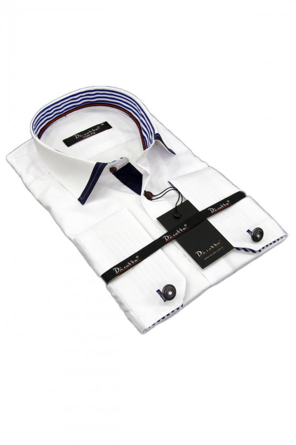 Micro Kumaş Kol Düğmeli Slim Fit Beyaz Erkek Gömlek - 200-1 Lacivert Kombinli