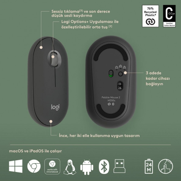 Logitech Pebble 2 Combo Çoklu Sessiz Kablosuz Türkçe Q Klavye Mouse Seti - Grafit 920-012245 - 3