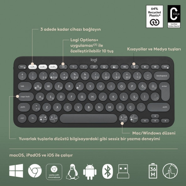Logitech Pebble 2 Combo Çoklu Sessiz Kablosuz Türkçe Q Klavye Mouse Seti - Grafit 920-012245 - 5