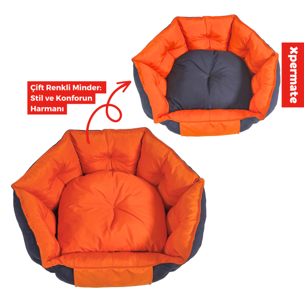 XPERMATE Biscuit Kedi Yatağı ve Köpek Yatağı,Tüy Tutmaz Kumaş,Su İtici Kumaş 60x55x28 60x55x28 Lacivert Turuncu - 3
