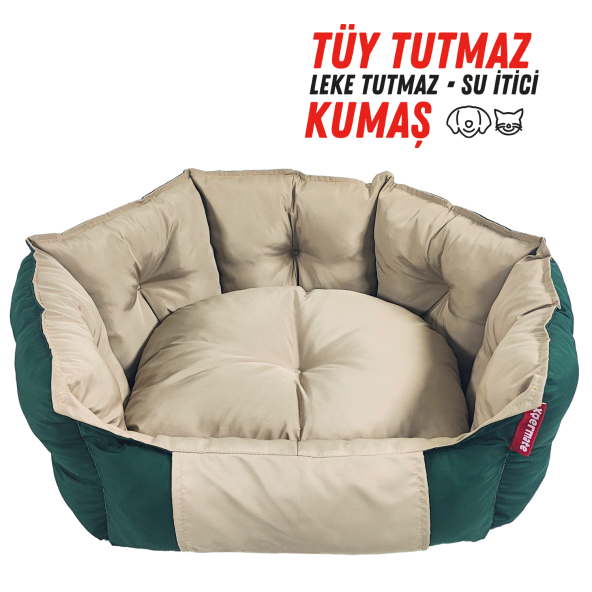 XPERMATE Biscuit Kedi Yatağı  ve Köpek Yatağı Tüy Tutmaz Kumaş,Su İtici Kumaş 60x55x28 Yeşil Bej