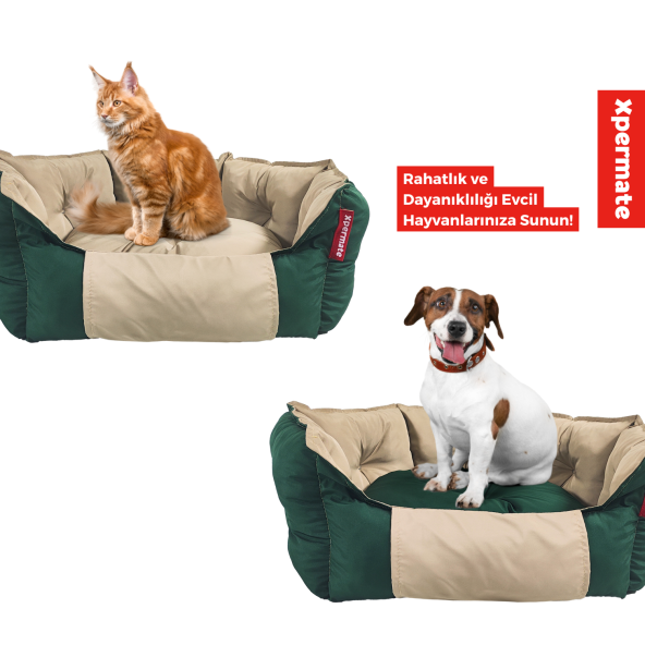 XPERMATE Biscuit Kedi Yatağı  ve Köpek Yatağı Tüy Tutmaz Kumaş,Su İtici Kumaş 60x55x28 Yeşil Bej - 2