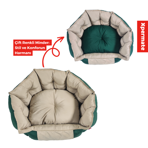 XPERMATE Biscuit Kedi Yatağı  ve Köpek Yatağı Tüy Tutmaz Kumaş,Su İtici Kumaş 60x55x28 Yeşil Bej - 3