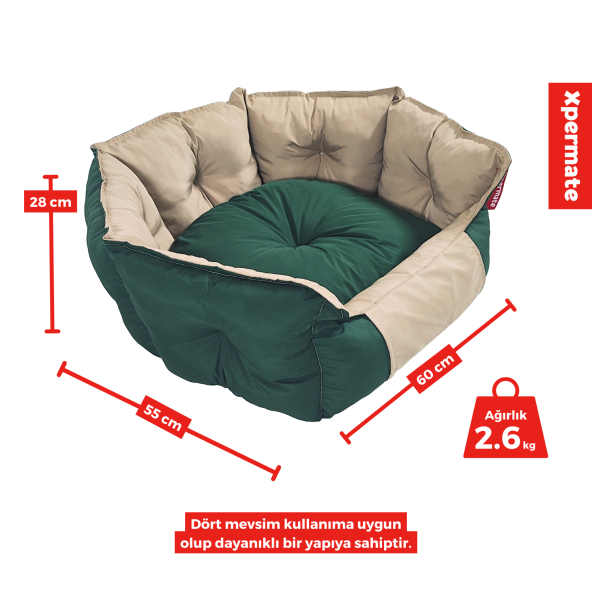 XPERMATE Biscuit Kedi Yatağı  ve Köpek Yatağı Tüy Tutmaz Kumaş,Su İtici Kumaş 60x55x28 Yeşil Bej - 4