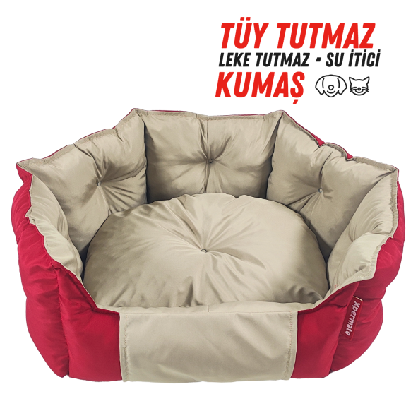 XPERMATE Biscuit Kedi Yatağı ve Köpek Yatağı ,Tüy Tutmaz Kumaş,Su İtici Kumaş 60x55x28 Kırmızı Bej