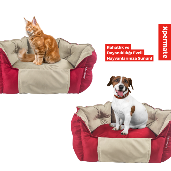 XPERMATE Biscuit Kedi Yatağı ve Köpek Yatağı ,Tüy Tutmaz Kumaş,Su İtici Kumaş 60x55x28 Kırmızı Bej - 2
