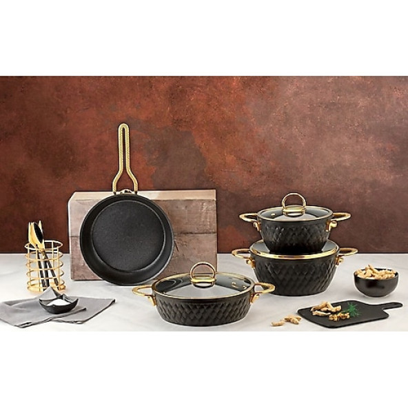 ÖZLİFE İNCİ 7 PARÇA GRİT SET SİYAH GOLD