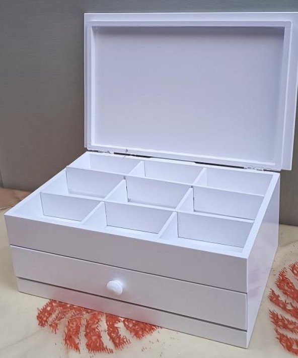 Hobi ADN 90283 Dekoratif Makyaj Kutu Çekmece Bölme Ahşap MDF Beyaz Lake El Yapım - 8