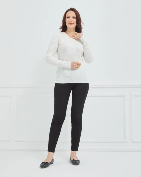 Kadın V Yaka Likralı Esnek Triko Body Kazak - 12