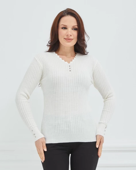 Kadın V Yaka Likralı Esnek Triko Body Kazak - 9