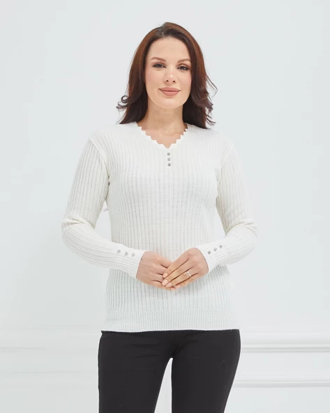 Kadın V Yaka Likralı Esnek Triko Body Kazak - 11