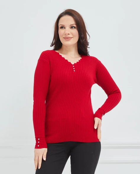 Kadın V Yaka Likralı Esnek Triko Body Kazak - 3