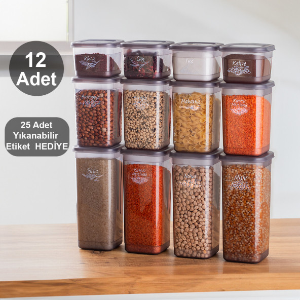 Porsima 433-Gr 12 li Etiketli Çok Amaçlı Kare Erzak Baharat Saklama Kabı Seti 1.90 1.30 0,60 lt -Gri