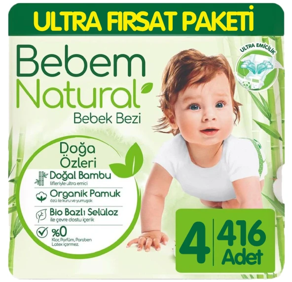 Bebem Natural Bebek Bezi Ultra Fırsat Paketi 4 Beden 104x4 416 Adet ürün görseli