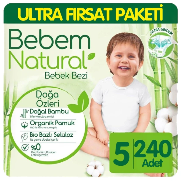 Bebem Natural Bebek Bezi Ultra Fırsat Paketi 5 Beden 80x3 240 Adet ürün görseli