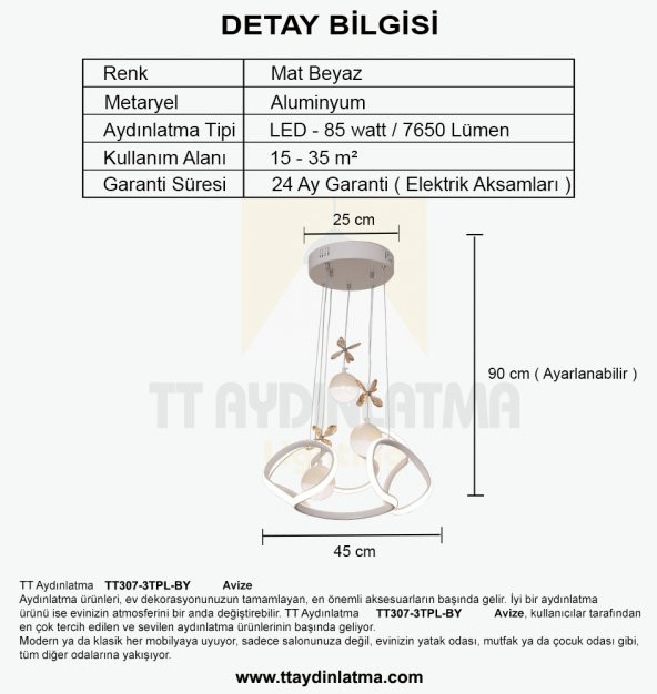 TT Aydınlatma TT307-3TPL-BY  Helezon Modeli Mat Beyaz 3 Toplu 3 Renk Modüllü Ledli Avize - Resim 4