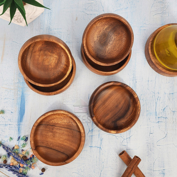 6 Adet Çerezlik Ahşap Doğal Çerezlik Yuvarlak Sunum Kase (Akasya) - 2