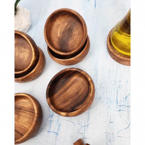 6 Adet Çerezlik Ahşap Doğal Çerezlik Yuvarlak Sunum Kase (Akasya) - 3