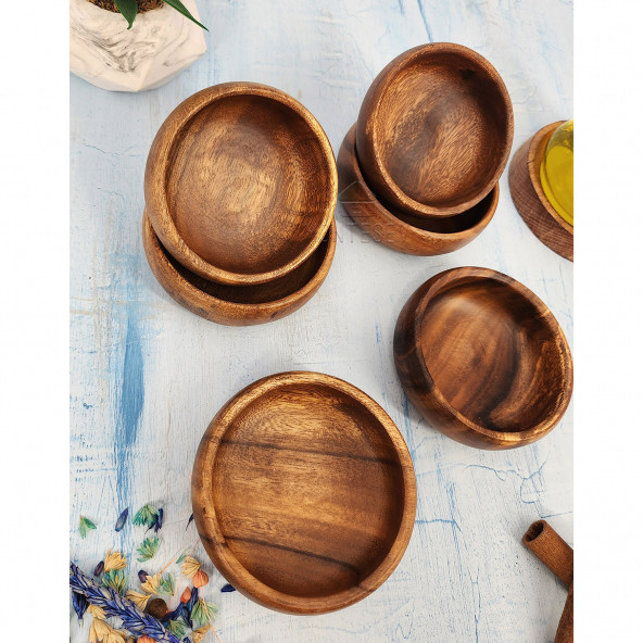 6 Adet Çerezlik Ahşap Doğal Çerezlik Yuvarlak Sunum Kase (Akasya) - 4