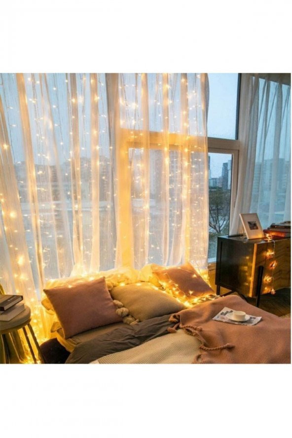 8 Modlu 3 x 3  metre 300 Ledli Kumandalı  Günışığı Açık Sarı Renk Dekoratif Prizli Perde Led - 2